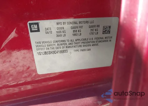 2012 Chevrolet Sonic 1Ls from USA, damaged, VIN 1G1JB5SH3C4186833
